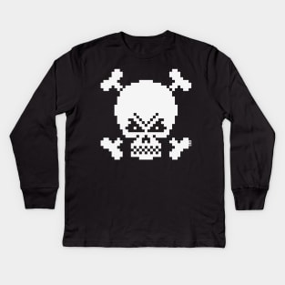 Skull And Crossbones (Pixel Art / Jolly Roger / White) Kids Long Sleeve T-Shirt